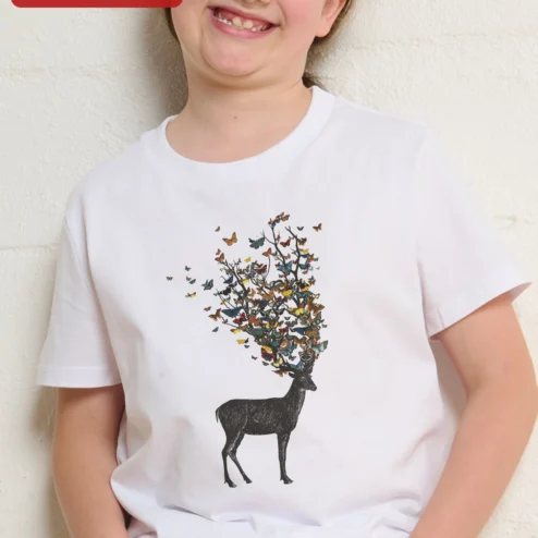 Butterfly Antler Stag Tee Kids Nature Graphic Shirt Whimsical Woodland Animal Apparel Gift