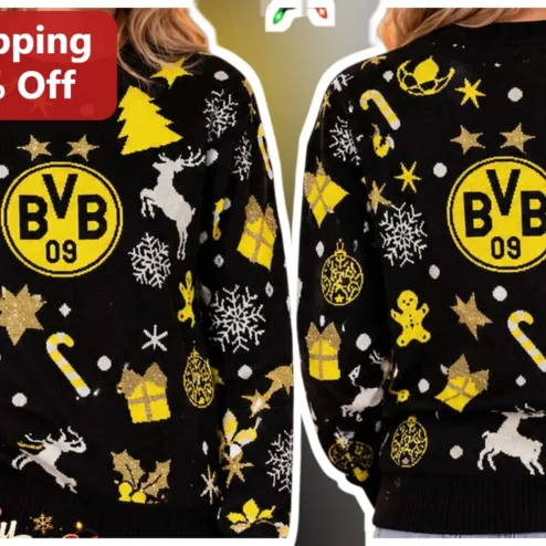 BVB 09 Ugly Christmas Sweatshirt Borussia Dortmund Fan Gift Black Crewneck