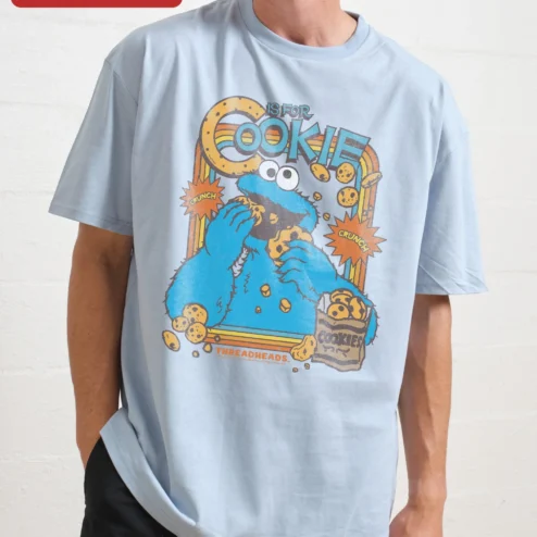 C Is For Cookie Tee Retro Sesame Street Alphabet Song Shirt for Kids and Teachers on a hanger, ready to ship from Chicago, Illinois