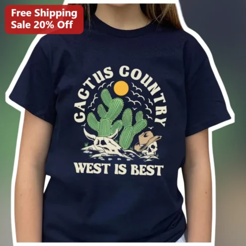 Cactus Country West Is Best Vintage Saguaro Cactus Cowboy Skull Graphic Tee for Men Women