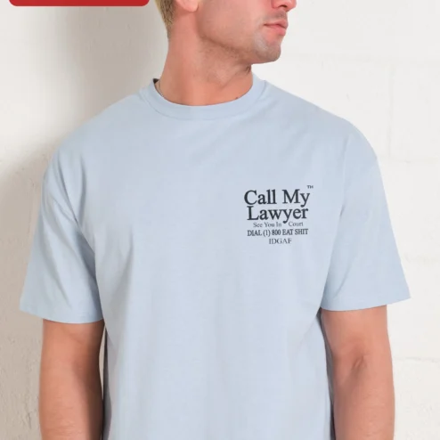 Call My Lawyer See You In Court Funny Sarcastic Graphic Tee on a hanger, ready to ship from Chicago, Illinois