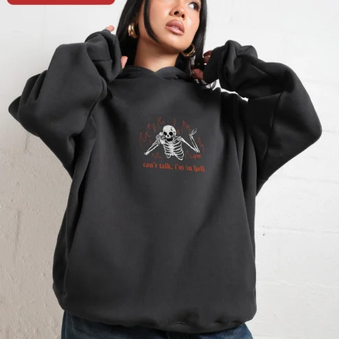 Can't Talk I'm In Hell Hoodie Dark Humor Sarcastic Skeleton Graphic Sweatshirt for Gen Z Millennials