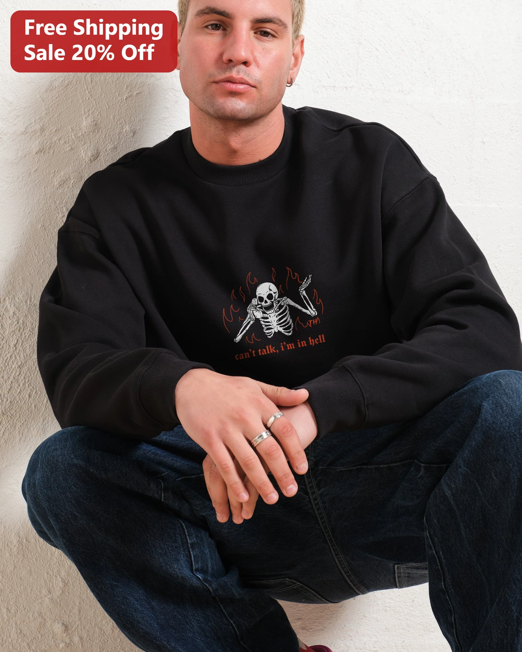 Can't Talk I'm In Hell Sweatshirt Funny Dark Humor Skeleton Crewneck for Introverts