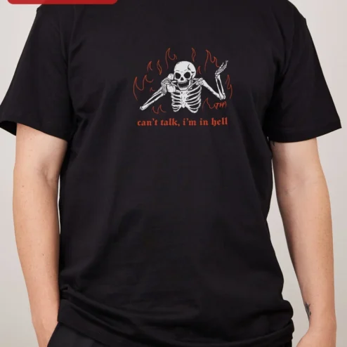 Can't Talk, I'm In Hell Tee Funny Skeleton Phone Graphic Shirt Dark Humor Gothic Gift