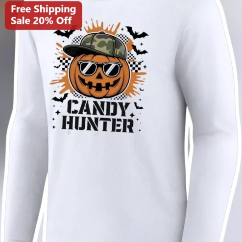 Candy Hunter Long Sleeve Tee Halloween Pumpkin Sunglasses Camo Hat Graphic Shirt for Men Women