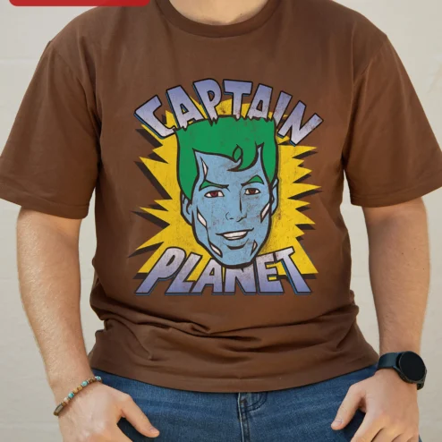 Customer in Chicago, Illinois wearing Captain Planet Retro Comic Book Graphic Tee for Men Women 90s Cartoon Nostalgia Gift