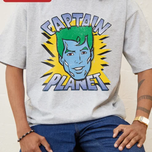 Close-up of Captain Planet Retro Comic Book Graphic Tee for Men Women 90s Cartoon Nostalgia Gift for streetwear fans in Chicago, Illinois