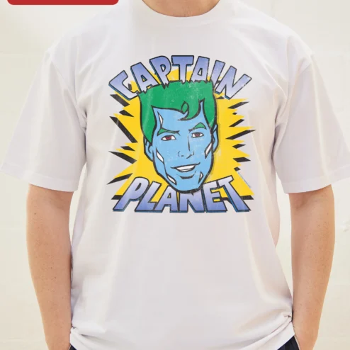 Close-up of Captain Planet Retro Comic Book Graphic Tee for Men Women 90s Cartoon Nostalgia Gift for streetwear fans in Chicago, Illinois