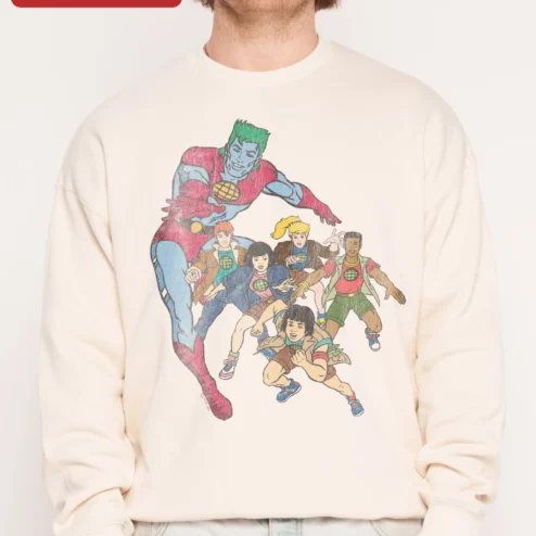 Captain Planet Sweatshirt Vintage 90s Cartoon Graphic Crewneck for Men Women on a hanger, ready to ship from Chicago, Illinois