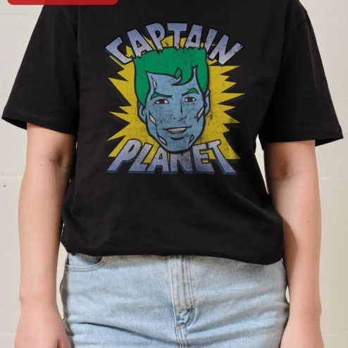 Captain Planet Tee Retro 90s Cartoon Graphic Shirt Distressed Vintage Style Unisex Apparel on a hanger, ready to ship from Chicago, Illinois