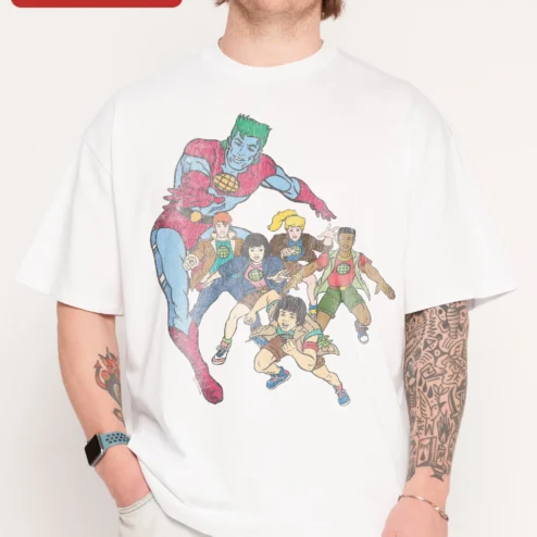 Captain Planet Tee Vintage 90s Cartoon Graphic T-Shirt for Men Women Retro Superhero Apparel on a hanger, ready to ship from Chicago, Illinois