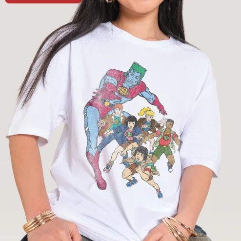 Captain Planet Tee Vintage 90s Cartoon Graphic T-Shirt Retro Planeteers Apparel on a hanger, ready to ship from Chicago, Illinois