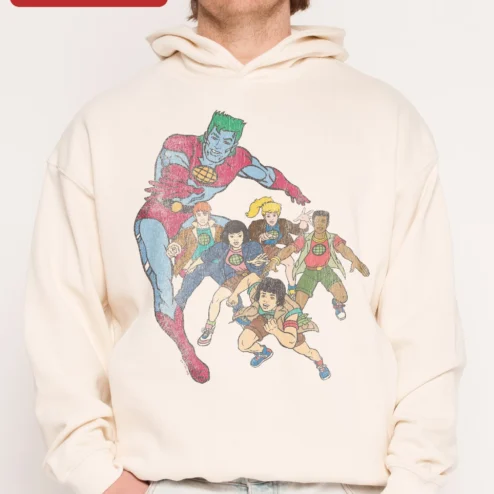 Captain Planet Vintage Comic Style Hoodie 90s Cartoon Retro Superhero Merch on a hanger, ready to ship from Chicago, Illinois