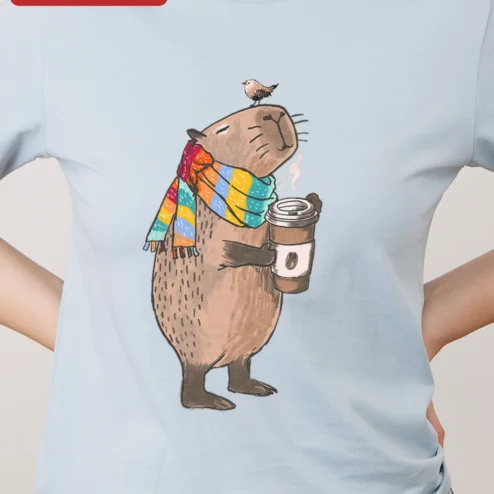Capybara Drinking Coffee With Scarf Tee Cute Meme Animal Shirt for Coffee Lovers on a hanger, ready to ship from Chicago, Illinois