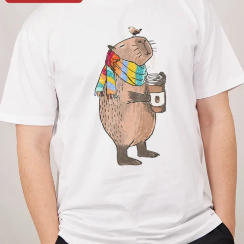 Customer in Chicago, Illinois wearing Capybara Drinking Coffee With Scarf Tee Cute Meme Animal Shirt for Coffee Lovers