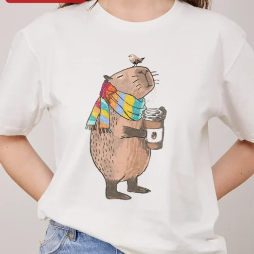 Capybara Drinking Coffee With Scarf Tee Cute Meme Animal Shirt for Coffee Lovers