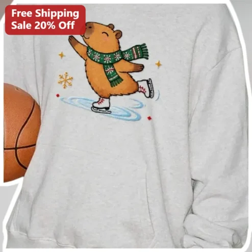 Capybara Ice Skating Holiday Sweatshirt Cute Cartoon Animal Lover Gift