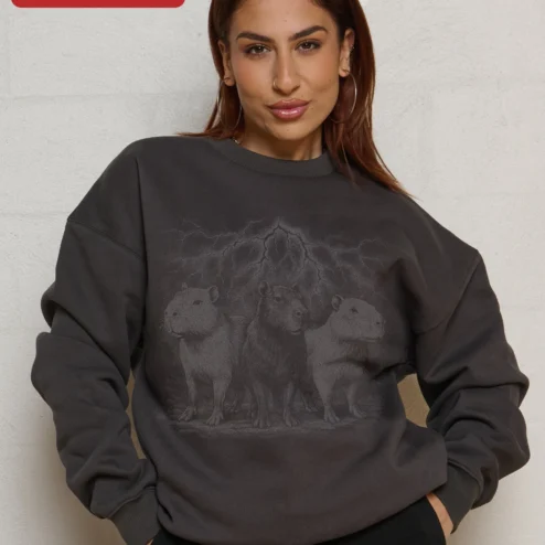 Customer in Chicago, Illinois wearing Capybara Lightning Storm Sweatshirt Men's Crewneck Pullover Dark Aesthetic Animal Lover Gift
