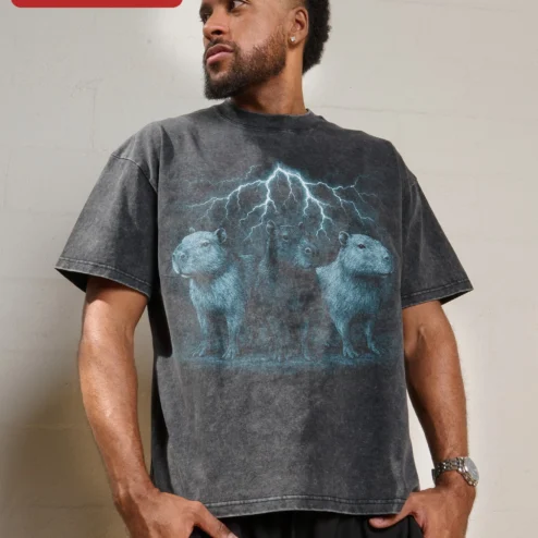 Capybara Lightning Storm Tee Surreal Animal Graphic Shirt for Men Women Gift on a hanger, ready to ship from Chicago, Illinois