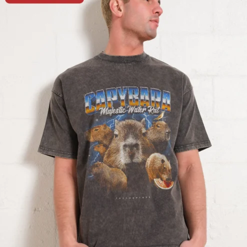 Capybara Majestic Water Rat Graphic Tee Funny Animal Lover Gift Retro Vintage Style Shirt on a hanger, ready to ship from Chicago, Illinois