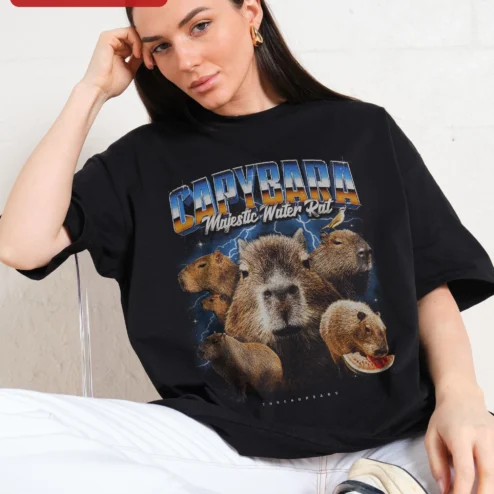 Capybara Majestic Water Rat Graphic Tee Funny Largest Rodent Shirt Gift for Animal Lovers on a hanger, ready to ship from Chicago, Illinois