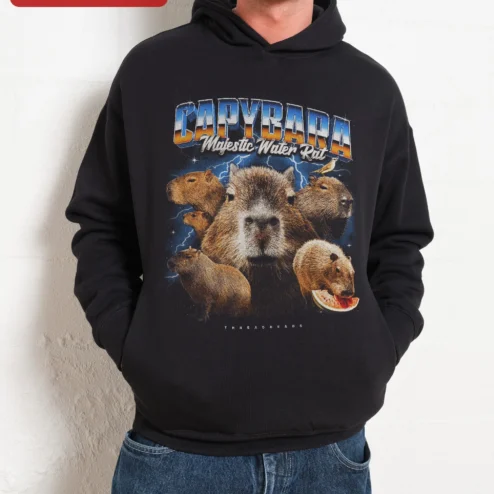 Capybara Majestic Water Rat Hoodie Retro Vintage Graphic Pullover for Animal Lovers on a hanger, ready to ship from Chicago, Illinois