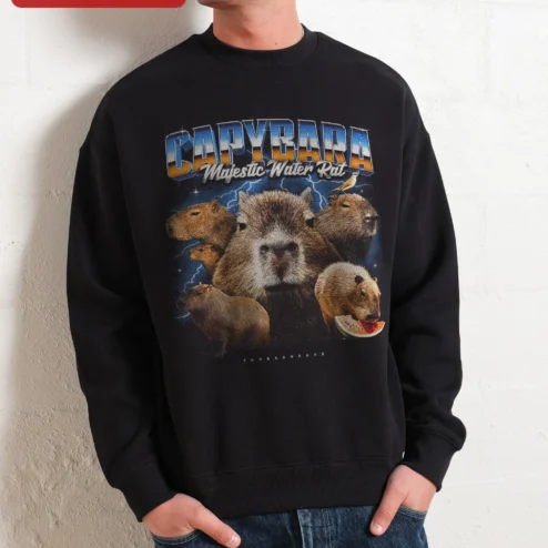 Capybara Majestic Water Rat Sweatshirt Funny Animal Lover Gift Crewneck on a hanger, ready to ship from Chicago, Illinois