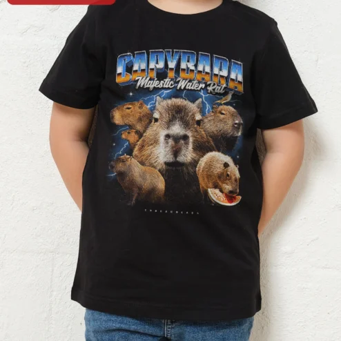 Capybara Majestic Water Rat Tee Kids Retro Funny Animal Graphic Shirt Gift on a hanger, ready to ship from Chicago, Illinois