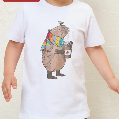 Capybara with Coffee Scarf Toddler Tee Cute Animal Kids Shirt Gift for Coffee Lovers