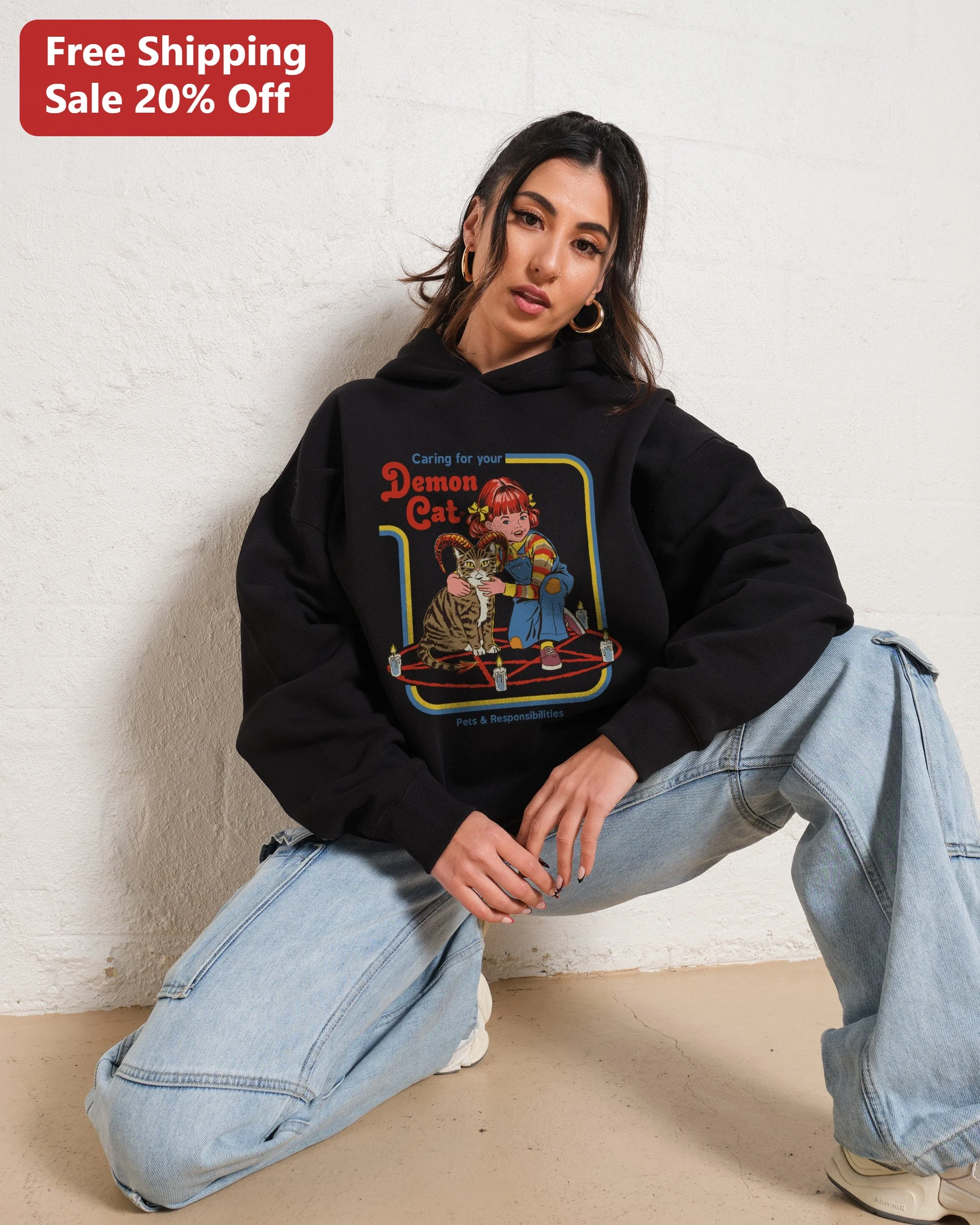 Caring for Your Demon Cat Hoodie Retro Gothic Pet Lover Gift