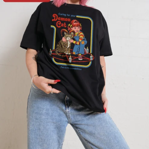 Caring for Your Demon Cat Tee Retro Occult Witchy Cat Lover Graphic T-Shirt
