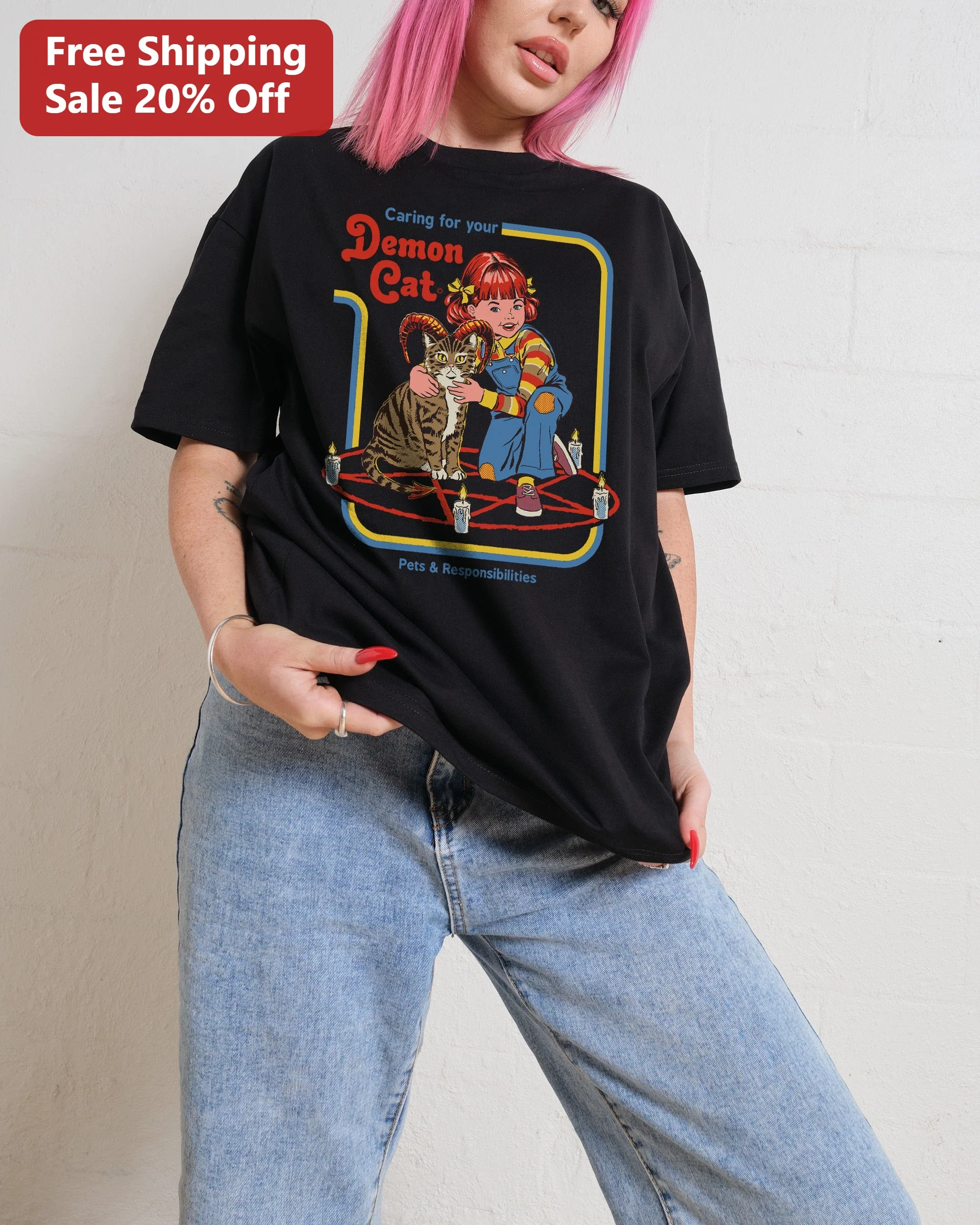Caring for Your Demon Cat Tee Retro Occult Witchy Cat Lover Graphic T-Shirt