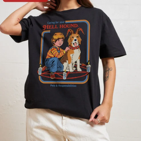 Caring for Your Hell Hound Pets Responsibilities Tee Retro Dark Humor Graphic Shirt Halloween Gift