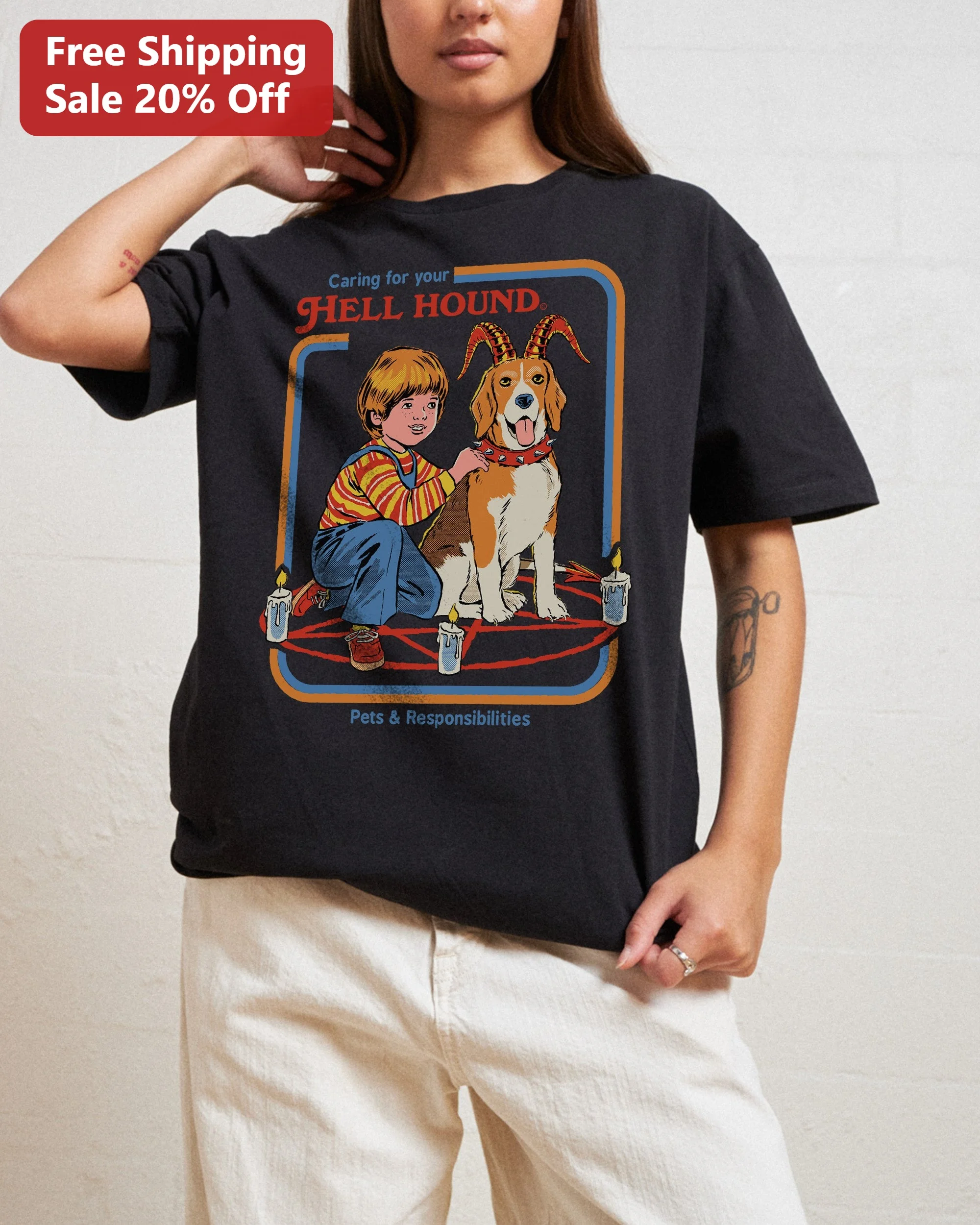 Caring for Your Hell Hound Pets Responsibilities Tee Retro Dark Humor Graphic Shirt Halloween Gift