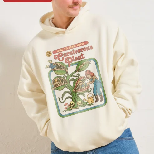 Carnivorous Plant Hoodie How To Feed Your Venus Flytrap Vintage Horror Graphic Pullover on a hanger, ready to ship from Chicago, Illinois