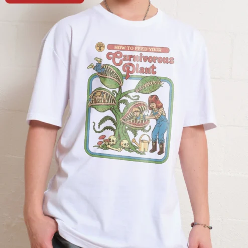 Customer in Chicago, Illinois wearing Carnivorous Plant How To Feed Your Venus Flytrap Graphic Tee Funny Botanical Humor Shirt for Plant L