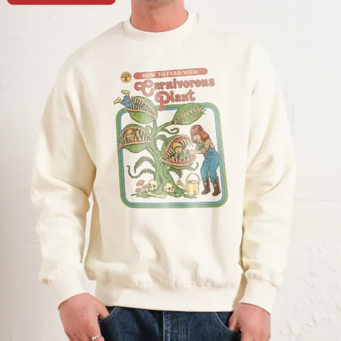 Carnivorous Plant Sweatshirt How To Feed Your Venus Flytrap Retro Horror Graphic Crewneck for Plant on a hanger, ready to ship from Chicago, Illinois