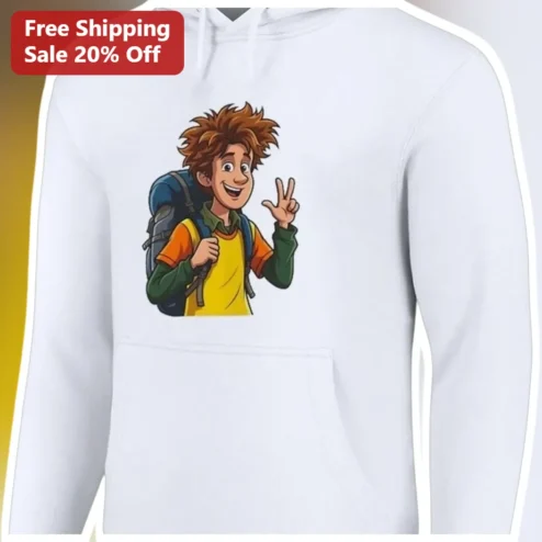 Cartoon Hiker Backpacker Hoodie Funny Outdoor Adventure Pullover Gift for Men
