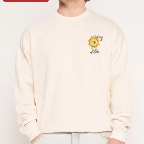 Cartoon Sun Character Sweatshirt Cute Yellow Smiley Crewneck for Women Men Kids Cozy Fall Gift on a hanger, ready to ship from Chicago, Illinois