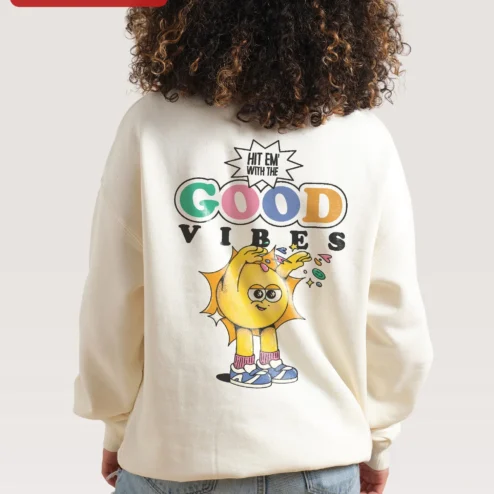 Customer in Chicago, Illinois wearing Cartoon Sun Character Sweatshirt Cute Yellow Smiley Crewneck for Women Men Kids Cozy Fall Gift