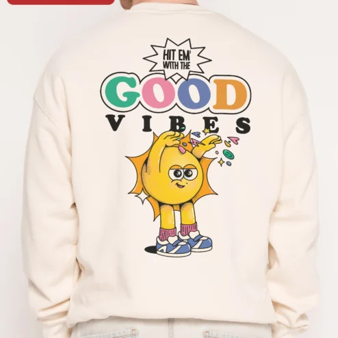 Customer in Chicago, Illinois wearing Cartoon Sun Character Sweatshirt Cute Yellow Smiley Crewneck for Women Men Kids Cozy Fall Gift