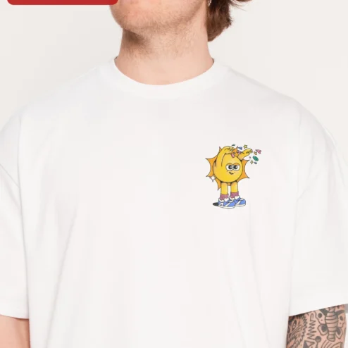 Cartoon Sun Character Tee Retro Cute Happy Sun Graphic T-Shirt for Women Men Kids on a hanger, ready to ship from Chicago, Illinois