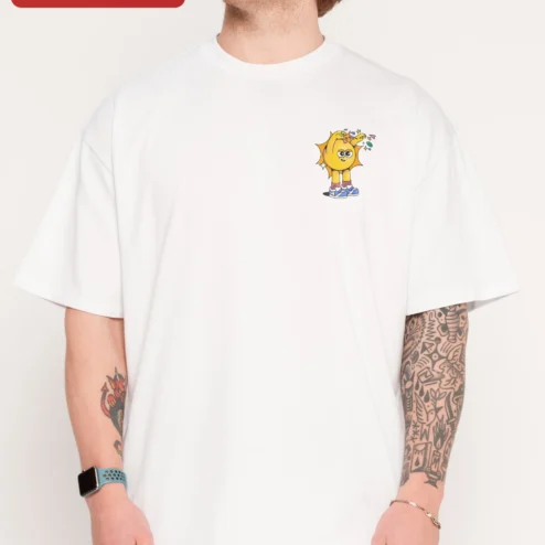 Customer in Chicago, Illinois wearing Cartoon Sun Character Tee Retro Cute Happy Sun Graphic T-Shirt for Women Men Kids