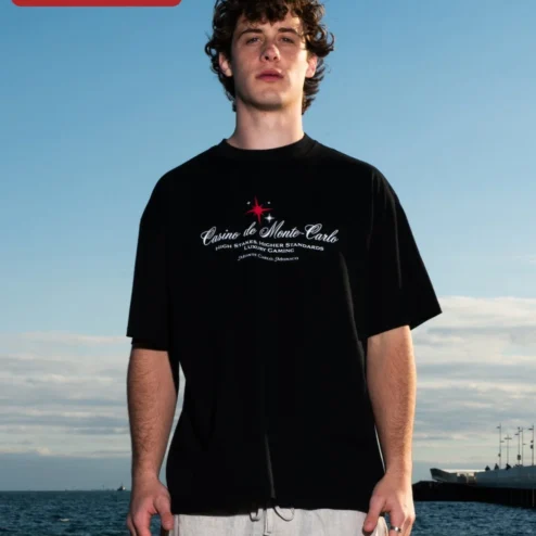 Close-up of Casino de Monte-Carlo High Stakes Higher Standards Luxury Gaming Tee Monaco Travel Souvenir Shirt for streetwear fans in Chicago, Illinois