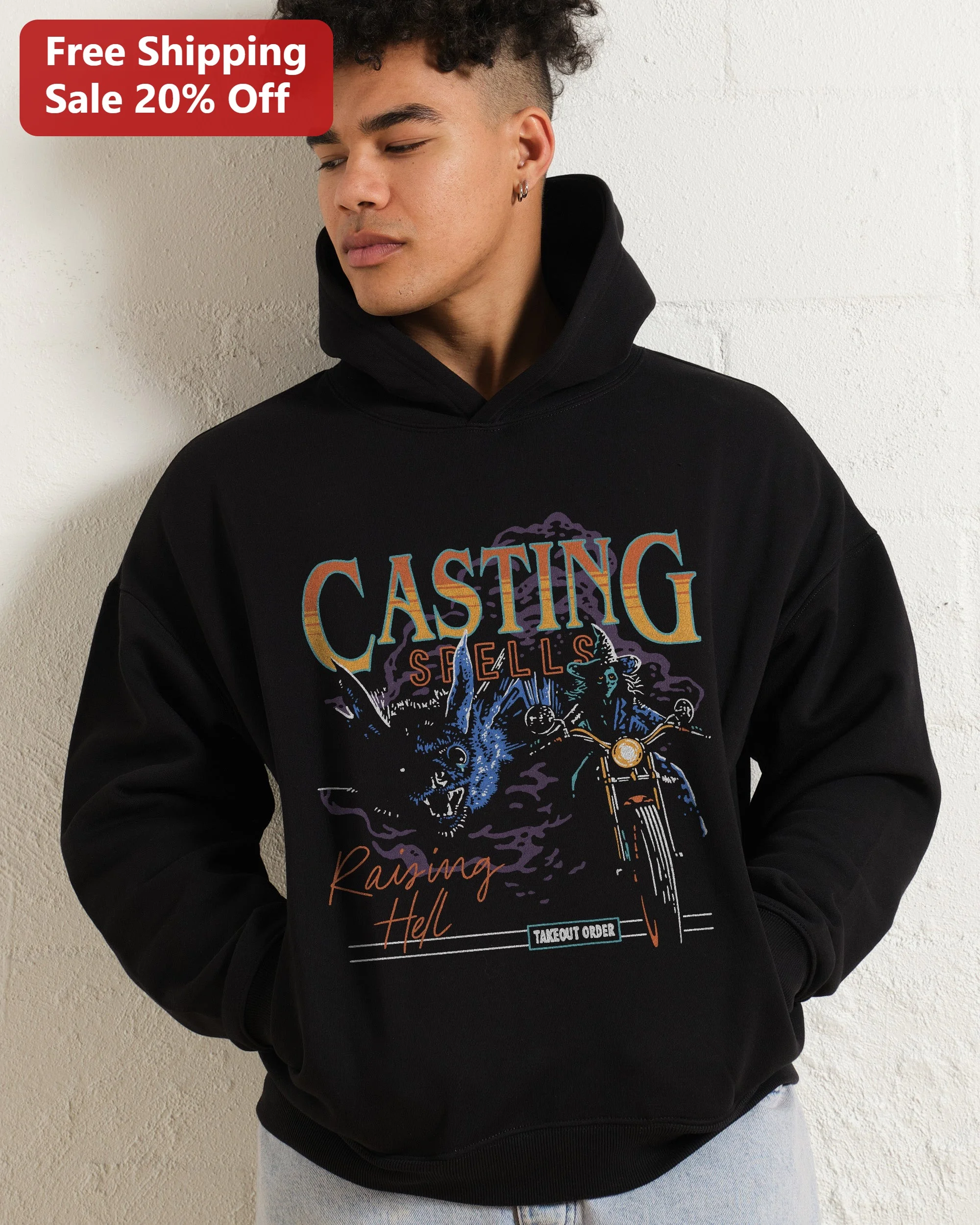 Casting Spells Raising Hell Takeout Order Hoodie Witch Biker Graphic Pullover