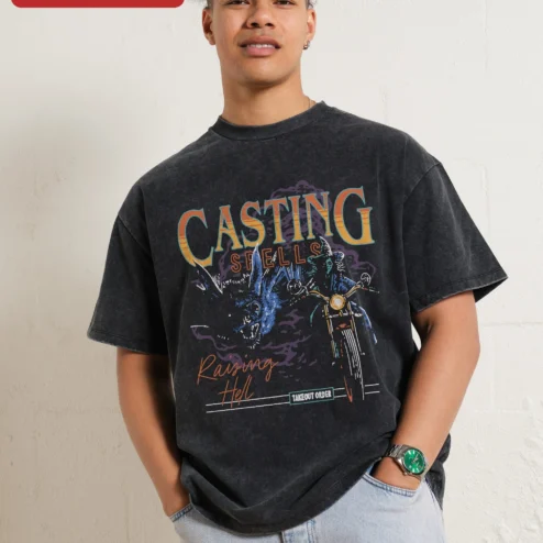 Casting Spells Raising Hell Takeout Order Tee Witchy Cat Biker Graphic Shirt Acid Wash Vintage Goth Gift