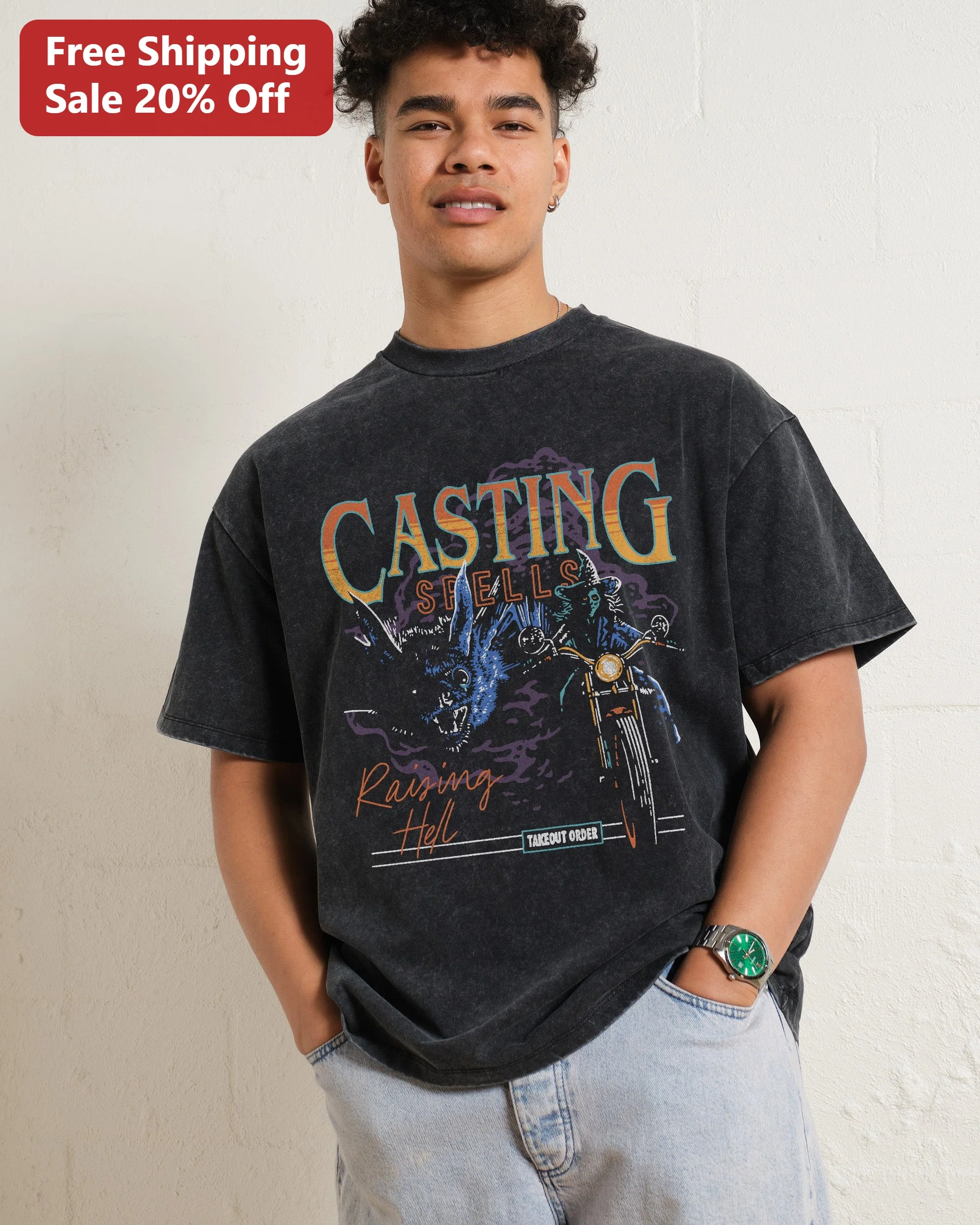 Casting Spells Raising Hell Takeout Order Tee Witchy Cat Biker Graphic Shirt Acid Wash Vintage Goth Gift