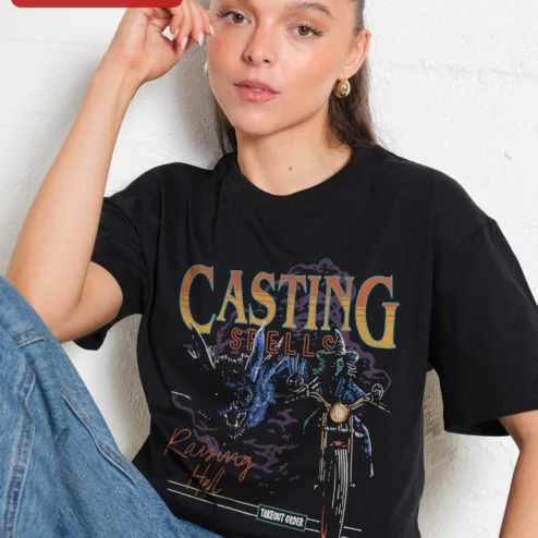 Casting Spells Raising Hell Tee Witch Bat Motorcycle Graphic Shirt Gothic Halloween Gift