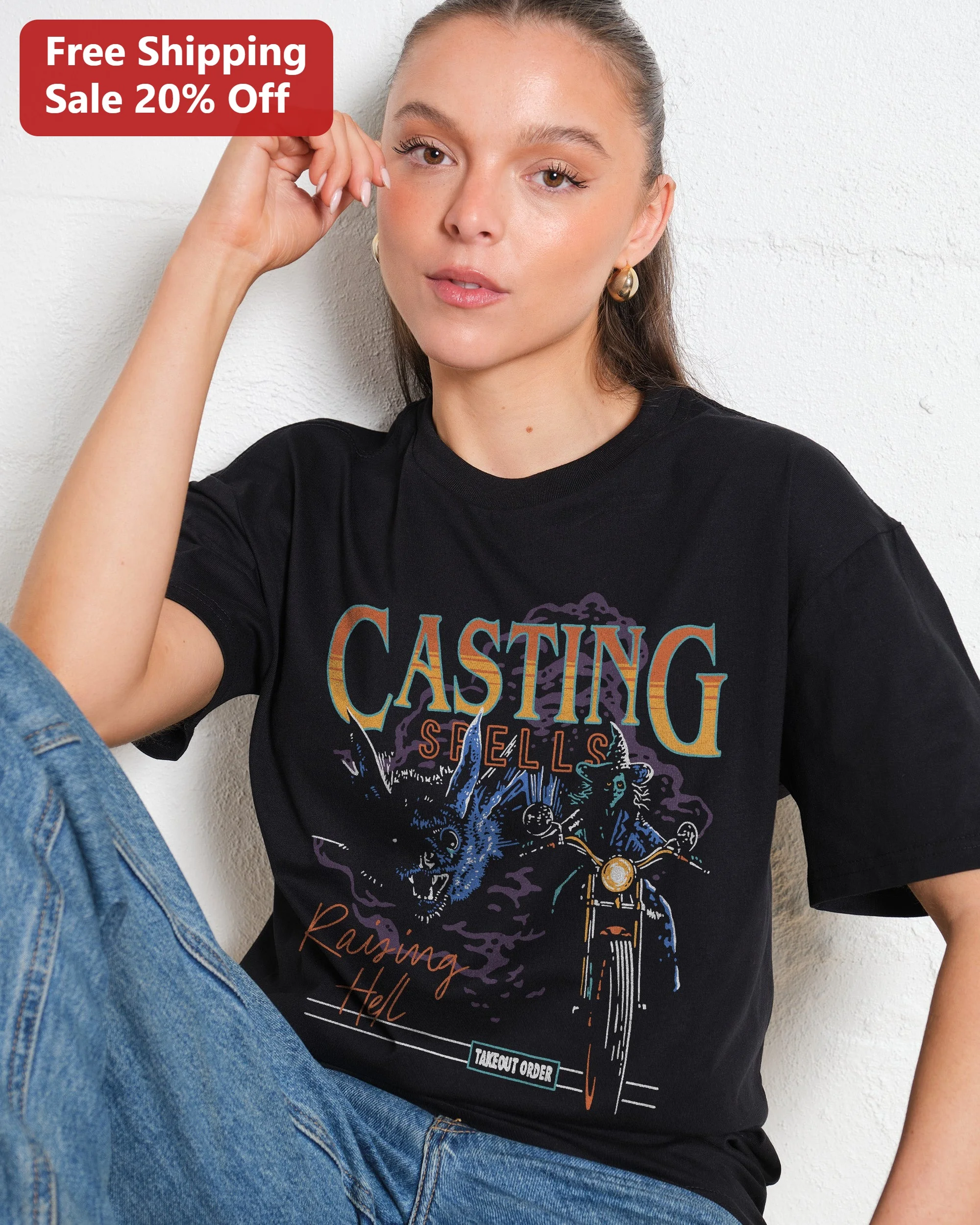 Casting Spells Raising Hell Tee Witch Bat Motorcycle Graphic Shirt Gothic Halloween Gift