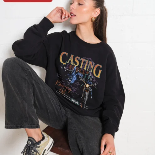 Casting Spells Raising Hell Witch Biker Sweatshirt Retro Occult Graphic Crewneck
